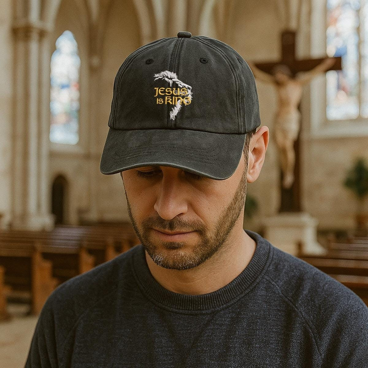 Jesus Is King Embroidered Cap, Crown Of Thorns Christian Dad Hat, Faith Baseball Washed Cap, Religious Gift For Believers, Bible Inspired Cap LAFH10
